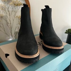 Black Suede Ankle Boots with Tan Sole